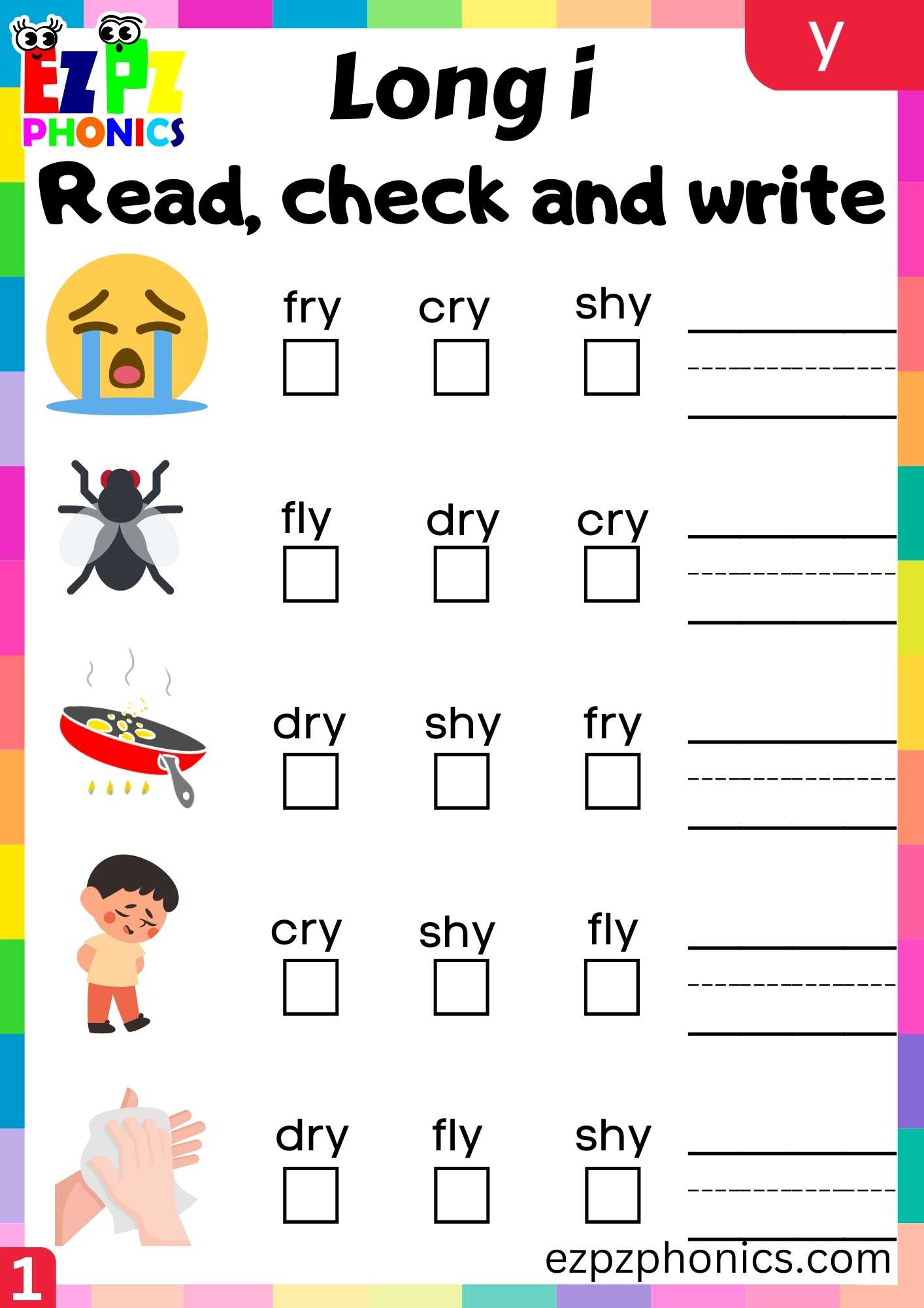 Y Words Read, Check And Write Long I Phonics Worksheet